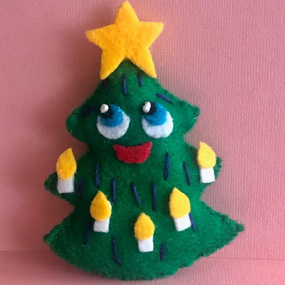 Christmas Tree Ornament Hand-Sewn Felt Anthropomorphic Green whimsy